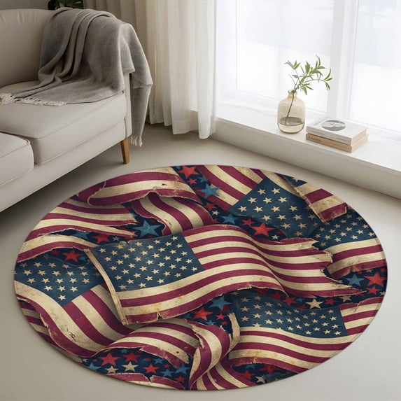 Round Rug 4Ft Washable Non-Slip, Independence Day Circle Area Rugs for Living Room Bedroom, Red Blue USA Flag Retro Patriotic Stars Stripes Indoor Floor Mats Carpet Runner for Home Decor Aesthetic