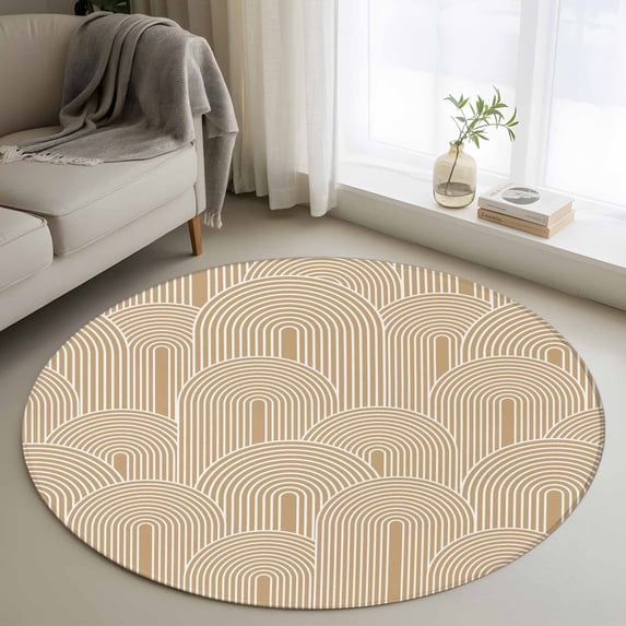 Round Rug 4Ft Washable Non-Slip, Khaki Boho Circle Area Rugs for Living Room Bedroom, Middle Century Modern Abstract Art Indoor Floor Mats Carpet Runner for Home Decor Aesthetic