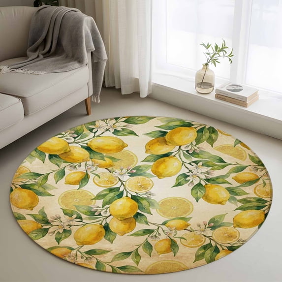 Round Rug 4Ft Washable Non-Slip, Lemon Circle Area Rugs for Living Room Bedroom, Farmhouse Vintage Summer Retro Fruits Yellow Brown Indoor Floor Mats Carpet Runner for Home Decor Aesthetic
