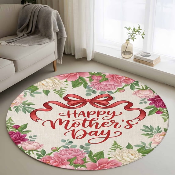 Round Rug 4Ft Washable Non-Slip, Mother's Day Circle Area Rugs for Living Room Bedroom, Spring Botanical Summer Flower Leaf Plant Indoor Floor Mats Carpet Runner for Home Decor Aesthetic