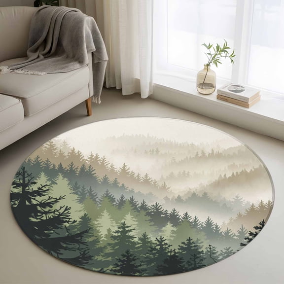 Round Rug 4Ft Washable Non-Slip, Mountains Circle Area Rugs for Living Room Bedroom, Watercolor Forest Nature Pine Trees Landscape Indoor Floor Mats Carpet Runner for Home Decor Aesthetic
