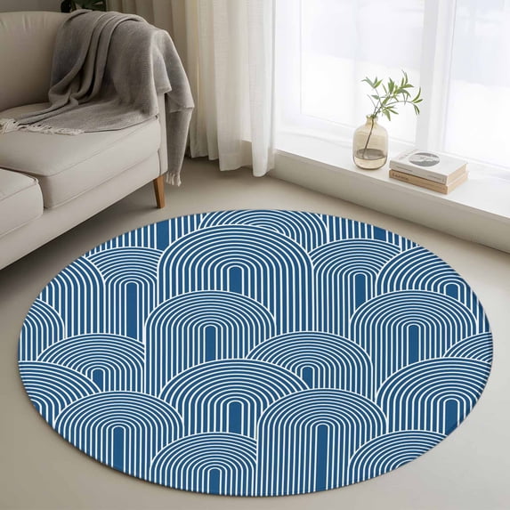 Round Rug 4Ft Washable Non-Slip, Navy Blue Ombre Circle Area Rugs for Living Room Bedroom, Farmhouse Stripes Modern Abstract Art Indoor Floor Mats Carpet Runner for Home Decor Aesthetic