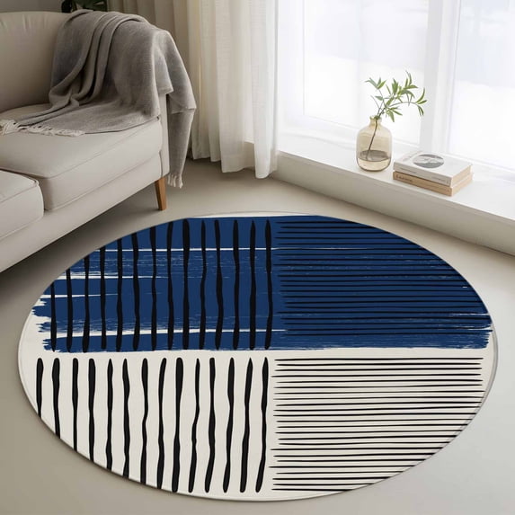 Round Rug 4Ft Washable Non-Slip, Navy Blue Striped Circle Area Rugs for Living Room Bedroom, Farmhouse Stripes Modern Abstract Art Indoor Floor Mats Carpet Runner for Home Decor Aesthetic