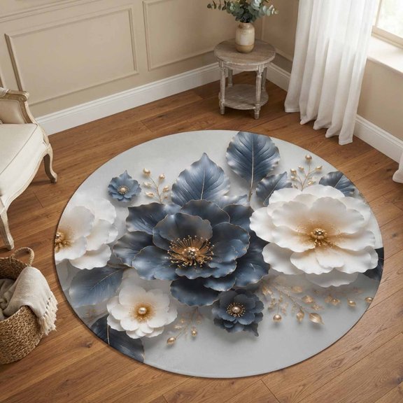 Round Rug 4Ft Washable Non-Slip, Navy Blue White Floral Circle Area Rugs for Living Room Bedroom, Modern Flowers Leaves Indoor Floor Mats Carpet Runner for Home Decor