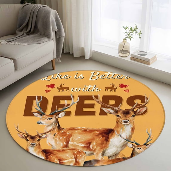 Round Rug 4Ft Washable Non-Slip, Orange Deer Circle Area Rugs for Living Room Bedroom, Wildlife Animals Rustic Farmhouse Elk Indoor Floor Mats Carpet Runner for Home Decor Aesthetic