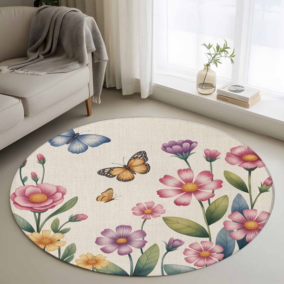 Round Rug 4Ft Washable Non-Slip, Pink Flowers Circle Area Rugs for Living Room Bedroom, Spring Floral Butterfly Leaves Plants Retro Beige Indoor Floor Mats Carpet Runner for Home Decor Aesthetic