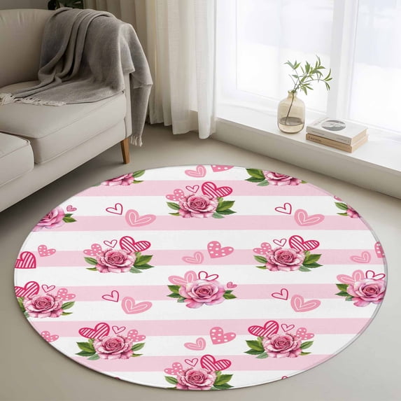 Round Rug 4Ft Washable Non-Slip, Pink Roses Circle Area Rugs for Living Room Bedroom, Valentine's Day Love Floral Stripes Romantic Indoor Floor Mats Carpet Runner for Home Decor Aesthetic