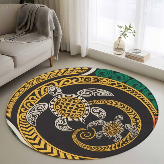 Round Rug 4Ft Washable Non-Slip, Polynesia Texture Circle Area Rugs for Living Room Bedroom, Traditional Tribe Sea Turtle Abstract Art Indoor Floor Mats Carpet Runner for Home Decor Aesthetic