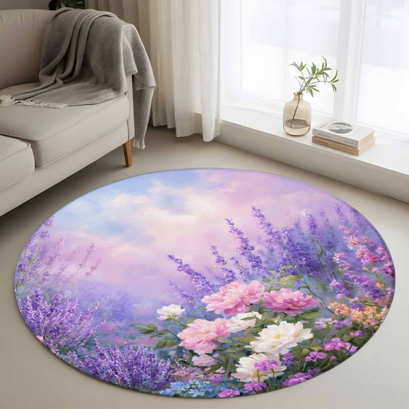 Round Rug 4Ft Washable Non-Slip, Purple Lavender Circle Area Rugs for Living Room Bedroom, Spring Watercolor Country Wildflowers Indoor Floor Mats Carpet Runner for Home Decor Aesthetic