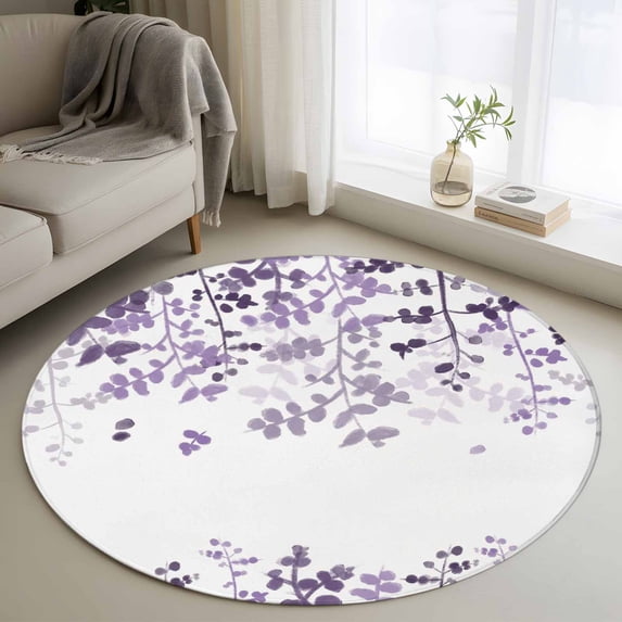 Round Rug 4Ft Washable Non-Slip, Purple Leaves Circle Area Rugs for Living Room Bedroom, Summer Botanical Indoor Floor Mats Carpet Runner for Home Decor Aesthetic