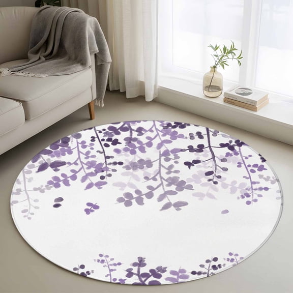 Round Rug 4Ft Washable Non-Slip, Purple Leaves Circle Area Rugs for Living Room Bedroom, Summer Botanical Indoor Floor Mats Carpet Runner for Home Decor Aesthetic