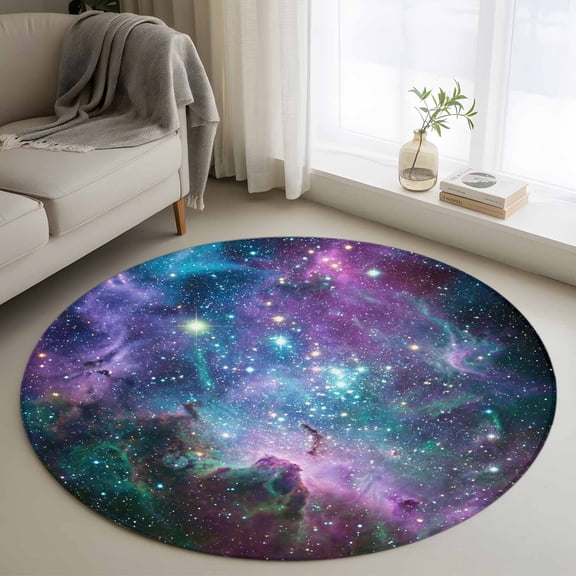Round Rug 4Ft Washable Non-Slip, Purple Ombre Starry Night Circle Area Rugs for Living Room Bedroom, Modern Abstract Art Indoor Floor Mats Carpet Runner for Home Decor Aesthetic
