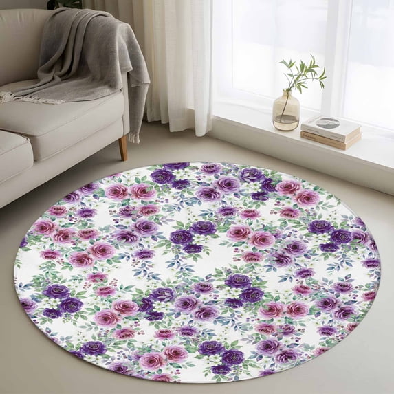 Round Rug 4Ft Washable Non-Slip, Purple Pink Roses Circle Area Rugs for Living Room Bedroom, Spring Floral Elegant Pastoral Botanical Indoor Floor Mats Carpet Runner for Home Decor Aesthetic