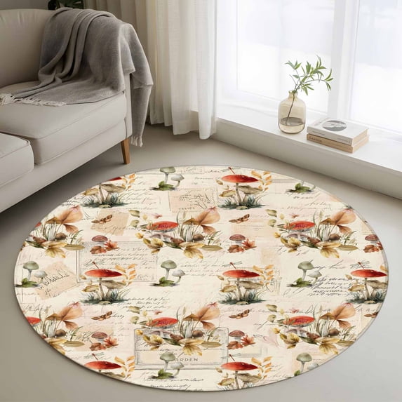 Round Rug 4Ft Washable Non-Slip, Red Mushrooms Circle Area Rugs for Living Room Bedroom, Elegant Pastoral Botanical Vintage Art Indoor Floor Mats Carpet Runner for Home Decor Aesthetic