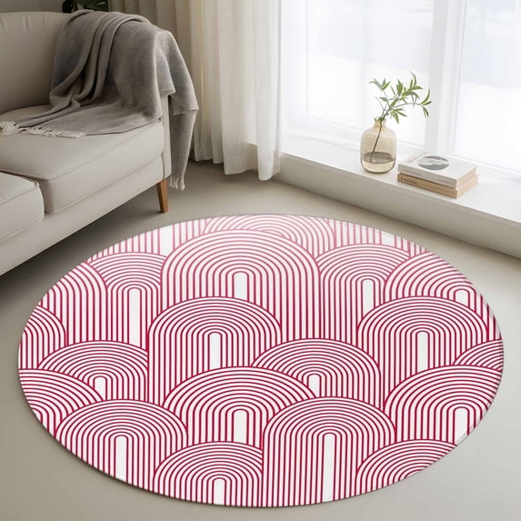 Round Rug 4Ft Washable Non-Slip, Red Ombre Circle Area Rugs for Living Room Bedroom, Farmhouse Stripes Modern Abstract Art Indoor Floor Mats Carpet Runner for Home Decor Aesthetic