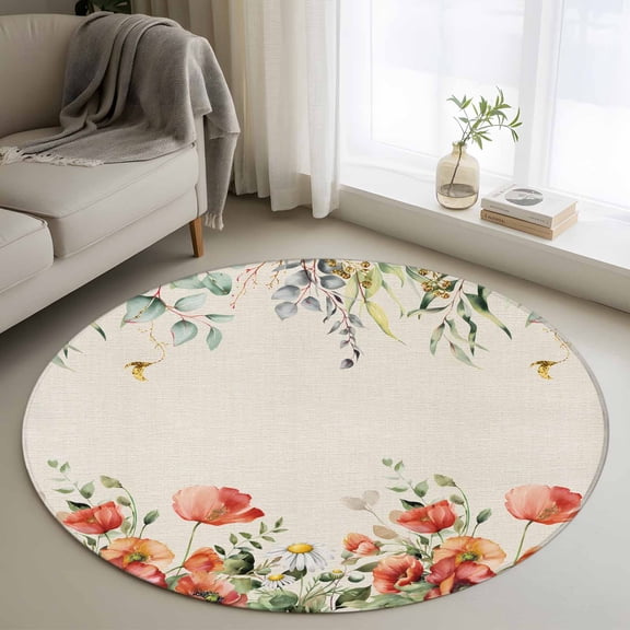 Round Rug 4Ft Washable Non-Slip, Red Poppy Circle Area Rugs for Living Room Bedroom, Farmhouse Country Vintage Flower Leaf Plant Indoor Floor Mats Carpet Runner for Home Decor Aesthetic