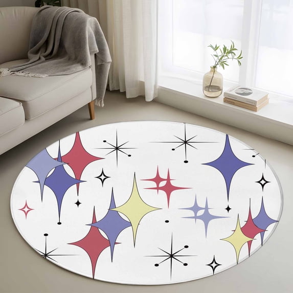 Round Rug 4Ft Washable Non-Slip, Red Purple Diamond Circle Area Rugs for Living Room Bedroom, Modern Geometric Middle Century Retro Indoor Floor Mats Carpet Runner for Home Decor Aesthetic