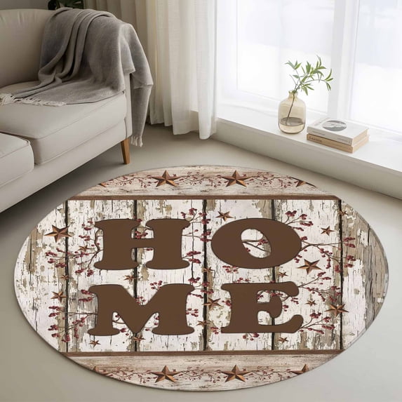 Round Rug 4Ft Washable Non-Slip, Retro Farmhouse Circle Area Rugs for Living Room Bedroom, Country Star Berries Text Wooden Grain Indoor Floor Mats Carpet Runner for Home Decor Aesthetic