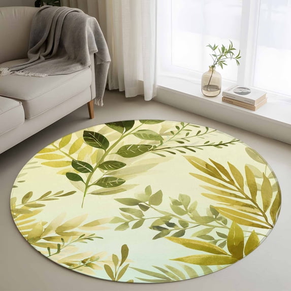 Round Rug 4Ft Washable Non-Slip, Sage Green Leaves Circle Area Rugs for Living Room Bedroom, Summer Botanical Farmhouse Watercolor Leaf Indoor Floor Mats Carpet Runner for Home Decor Aesthetic
