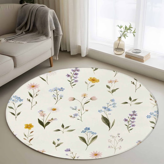 Round Rug 4Ft Washable Non-Slip, Spring Floral Circle Area Rugs for Living Room Bedroom, Watercolor Summer Elegant Botanical Indoor Floor Mats Carpet Runner for Home Decor Aesthetic