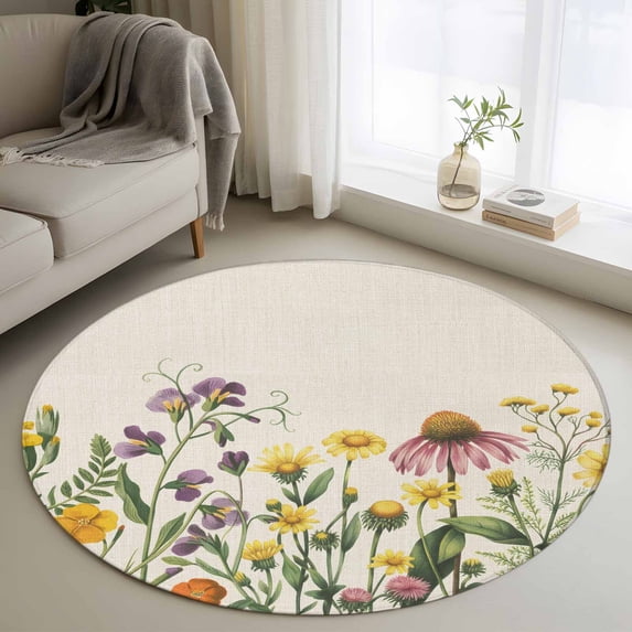 Round Rug 4Ft Washable Non-Slip, Spring Floral Circle Area Rugs for Living Room Bedroom, Yellow Flowers Pastoral Botanical Rustic Indoor Floor Mats Carpet Runner for Home Decor Aesthetic