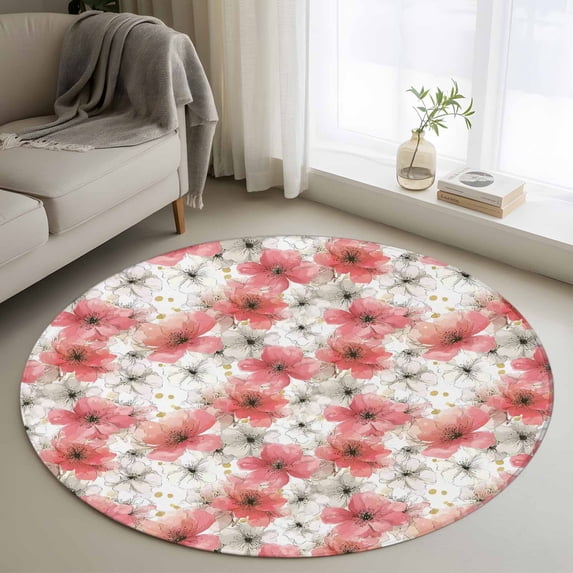 Round Rug 4Ft Washable Non-Slip, Spring Flowers Circle Area Rugs for Living Room Bedroom, Farmhouse Chinese Pink White Floral Indoor Floor Mats Carpet Runner for Home Decor Aesthetic