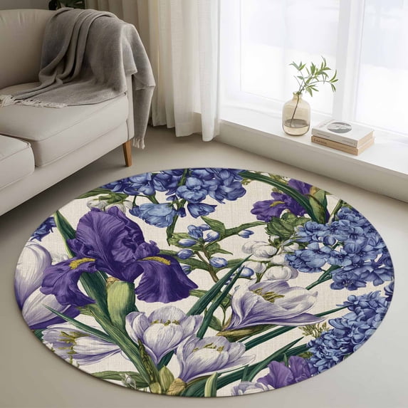 Round Rug 4Ft Washable Non-Slip, Spring Flowers Circle Area Rugs for Living Room Bedroom, Purple Hydrangea Orchid Floral Country Beige Indoor Floor Mats Carpet Runner for Home Decor Aesthetic