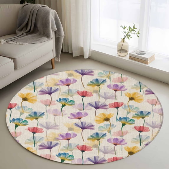 Round Rug 4Ft Washable Non-Slip, Spring Flowers Circle Area Rugs for Living Room Bedroom, Watercolor Floral Vintage Beige Indoor Floor Mats Carpet Runner for Home Decor Aesthetic