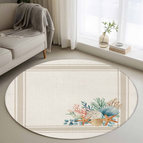 Round Rug 4Ft Washable Non-Slip, Summer Coastal Circle Area Rugs for Living Room Bedroom, Nautical Beach Marine Life Beige Striped Indoor Floor Mats Carpet Runner for Home Decor Aesthetic