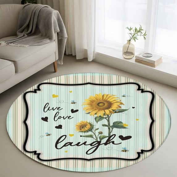 Round Rug 4Ft Washable Non-Slip, Sunflower Circle Area Rugs for Living Room Bedroom, Yellow Floral Stripe Farmhouse Modern Art Indoor Floor Mats Carpet Runner for Home Decor Aesthetic