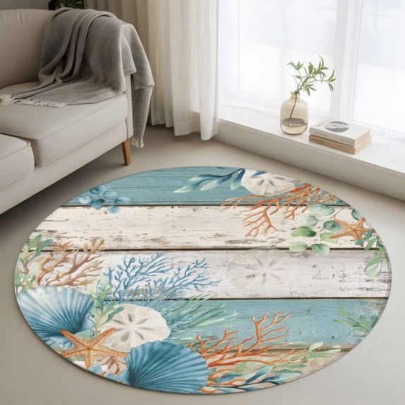 Round Rug 4Ft Washable Non-Slip, Teal Brown Beach Coastal Circle Area Rugs for Living Room Bedroom, Summer Nautical Coral Shell Botanical Vintage Indoor Floor Mats Carpet Runner for Home Decor