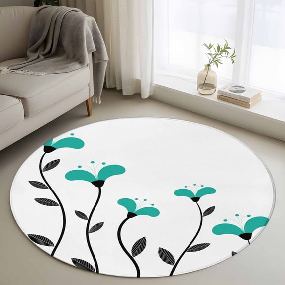 Round Rug 4Ft Washable Non-Slip, Teal Green Floral Circle Area Rugs for Living Room Bedroom, Abstract Botanical Flower Leaf Artwork Indoor Floor Mats Carpet Runner for Home Decor Aesthetic