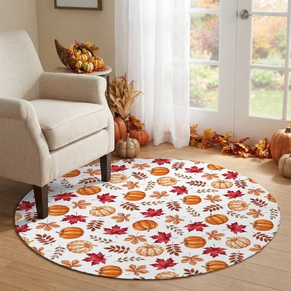 Round Rug 4Ft Washable Non-Slip, Thanksgiving Fall Circle Area Rugs for Living Room Bedroom, Maple Leaves Orange Pumpkin Botanical Indoor Floor Mats Carpet Runner for Home Decor