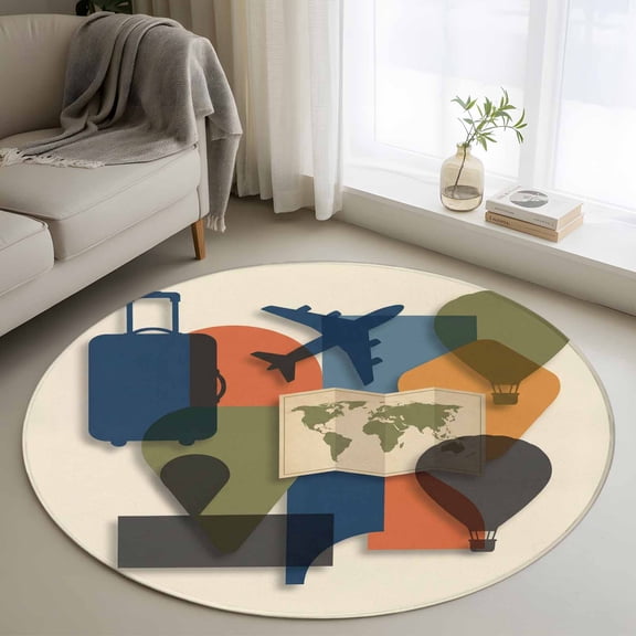 Round Rug 4Ft Washable Non-Slip, Travel Adventure Circle Area Rugs for Living Room Bedroom, Modern Maps Luggage Hot Balloons Indoor Floor Mats Carpet Runner for Home Decor Aesthetic