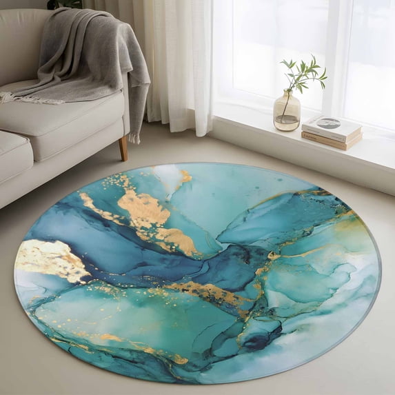 Round Rug 4Ft Washable Non-Slip, Turquoise Marble Circle Area Rugs for Living Room Bedroom, Abstract Minimalist Art Ombre Blue Indoor Floor Mats Carpet Runner for Home Decor Aesthetic