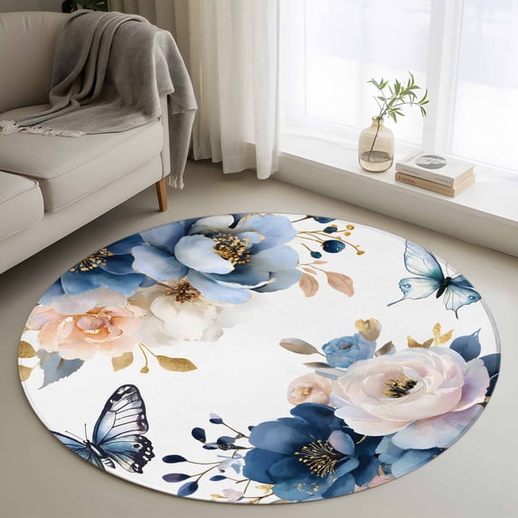 Round Rug 4Ft Washable Non-Slip, Vintage Blue Floral Circle Area Rugs for Living Room Bedroom, Farmhouse Watercolor Flower Butterflies Indoor Floor Mats Carpet Runner for Home Decor Aesthetic