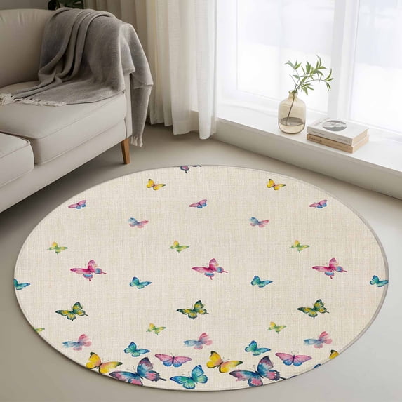 Round Rug 4Ft Washable Non-Slip, Vintage Colorful Butterfly Circle Area Rugs for Living Room Bedroom, Watercolor Butterflies Rustic Indoor Floor Mats Carpet Runner for Home Decor Aesthetic
