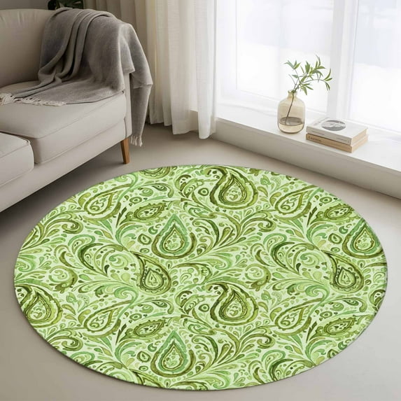 Round Rug 4Ft Washable Non-Slip, Vintage Green Circle Area Rugs for Living Room Bedroom, Retro Botanical Abstract Art Indoor Floor Mats Carpet Runner for Home Decor Aesthetic