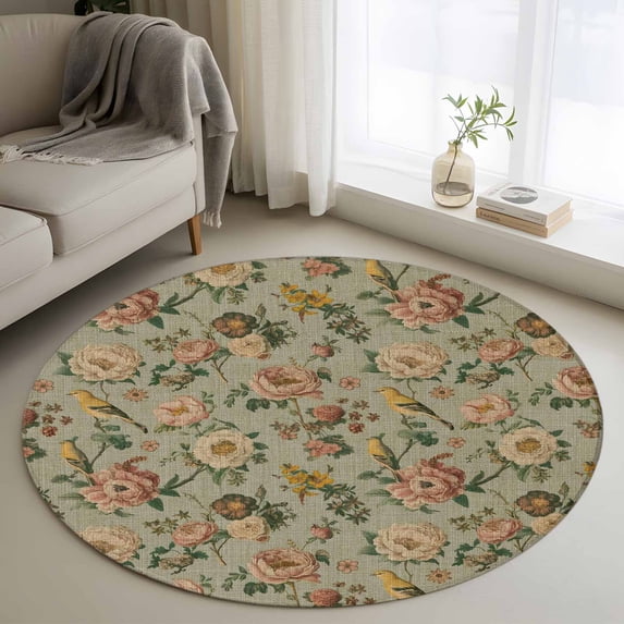 Round Rug 4Ft Washable Non-Slip, Vintage Spring Floral Circle Area Rugs for Living Room Bedroom, Farmhouse Flowers Green Vintage Indoor Floor Mats Carpet Runner for Home Decor Aesthetic