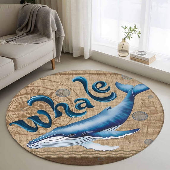 Round Rug 4Ft Washable Non-Slip, Vintage Whale Circle Area Rugs for Living Room Bedroom, Brown Nautical Anchor Bubbles Coastal Indoor Floor Mats Carpet Runner for Home Decor Aesthetic