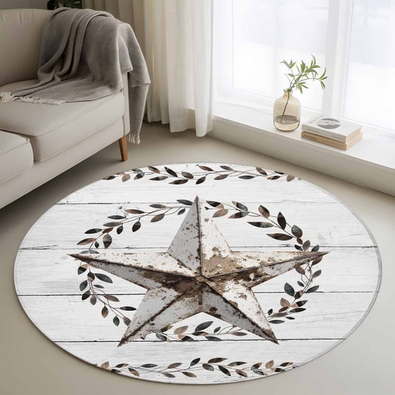 Round Rug 4Ft Washable Non-Slip, Western Stars Retro Circle Area Rugs for Living Room Bedroom, Wheat Rings Farmhouse Wooden Stripes Indoor Floor Mats Carpet Runner for Home Decor Aesthetic