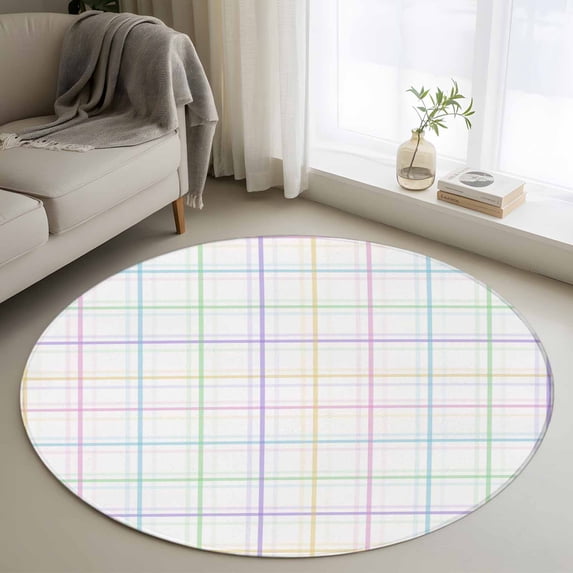 Round Rug 4Ft Washable Non-Slip, White Plaid Grid Circle Area Rugs for Living Room Bedroom, Colorful Line Modern Simple Geometric Indoor Floor Mats Carpet Runner for Home Decor Aesthetic