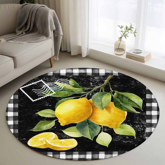 Round Rug 4Ft Washable Non-Slip, Yellow Lemon Circle Area Rugs for Living Room Bedroom, Summer Botanical Black White Checkered Indoor Floor Mats Carpet Runner for Home Decor Aesthetic