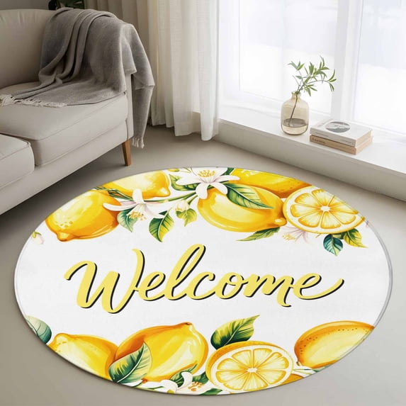 Round Rug 4Ft Washable Non-Slip, Yellow Lemons Circle Area Rugs for Living Room Bedroom, Summer Fruits Leaves Pastoral Botanical Indoor Floor Mats Carpet Runner for Home Decor Aesthetic