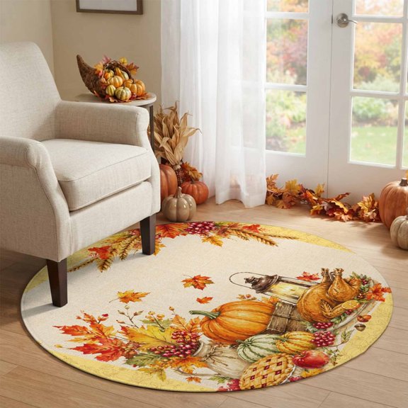 Round Rug 4Ft Washable Non-Slip, Yellow Pumpkins Fall Circle Area Rugs for Living Room Bedroom, Thanksgiving Maple Leaves Autumn Indoor Floor Mats Carpet Runner for Home Decor