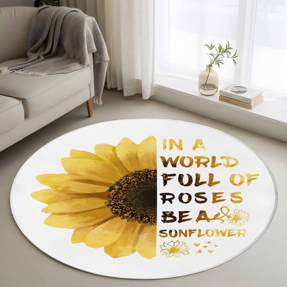 Round Rug 4Ft Washable Non-Slip, Yellow Sunflower Circle Area Rugs for Living Room Bedroom, Floral Rustic White Quotes Indoor Floor Mats Carpet Runner for Home Decor Aesthetic
