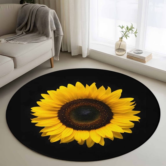 Round Rug 4Ft Washable Non-Slip, Yellow Sunflowers Circle Area Rugs for Living Room Bedroom, Spring Flowers Modern Simple Art Black Indoor Floor Mats Carpet Runner for Home Decor Aesthetic