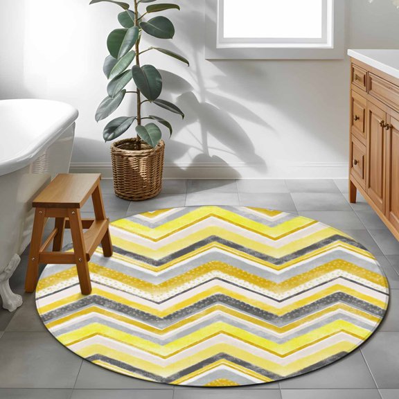 Round Rug 4Ft, Yellow Gray Gradient Zigzag Stripe Soft Non-Slip Washable Felt Carpet Pad, Nordic Style Abstract Art Area Rugs for Living Room Bedroom Kids Room