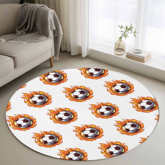 Round Rug 4ft Area Rug, Abstract Football Red Flame Area Rugs for Living Room Bedroom, Modern Street Art Floor Mat Non-Slip Non-Shedding Carpet Indoor Accent Rugs
