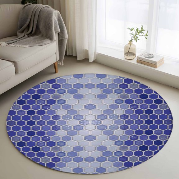 Round Rug 4ft Area Rug, Abstract Purple Hexagon Lattice Area Rugs for Living Room Bedroom, Geometric Honeycomb Grid Floor Mat Non-Slip Non-Shedding Carpet Indoor Accent Rugs